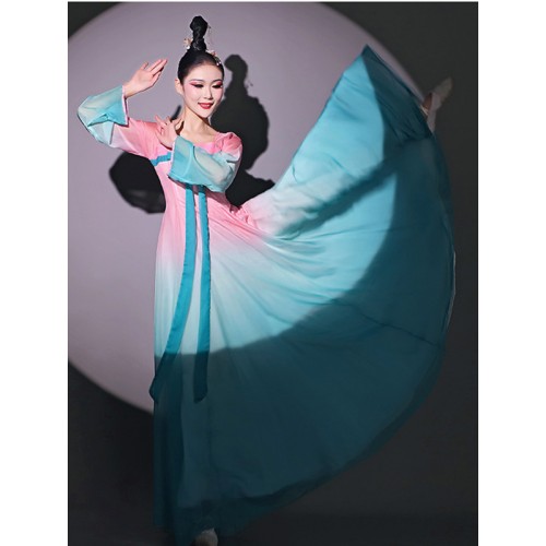 Chinese Folk Classical dance costume Blue Pink Fairy Princess Hanfu for Women girls  flowing gauze dress Fan Umbrella dance costumes art test Chinese style dance skirts